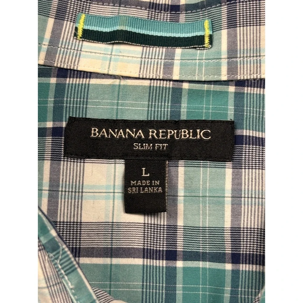 Banana Republic Mens‎ Slim Fit Western Plaid Snap Shirt Teal Green Large 932775